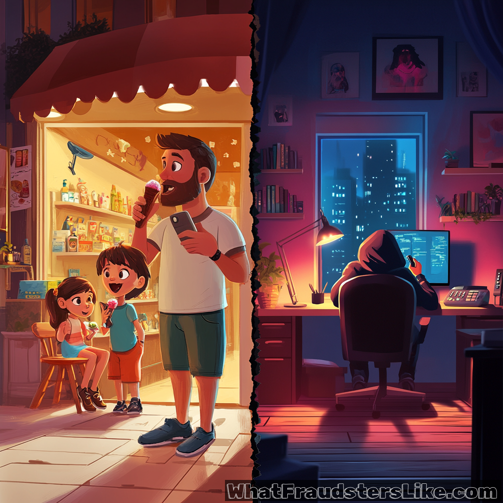 The image is split into two halves: on the left, a man and two children enjoy ice cream in a brightly lit shop during the day, while on the right, a hooded figure works on multiple computer screens in a dark room at night